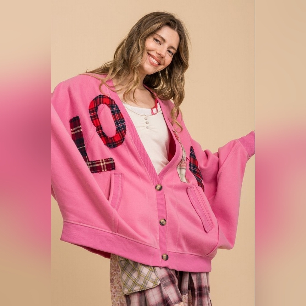 3-1210 *boutique* Oversized LOVE Plaid Pink Fleece Lined Button Cardigan - Picture 3 of 10